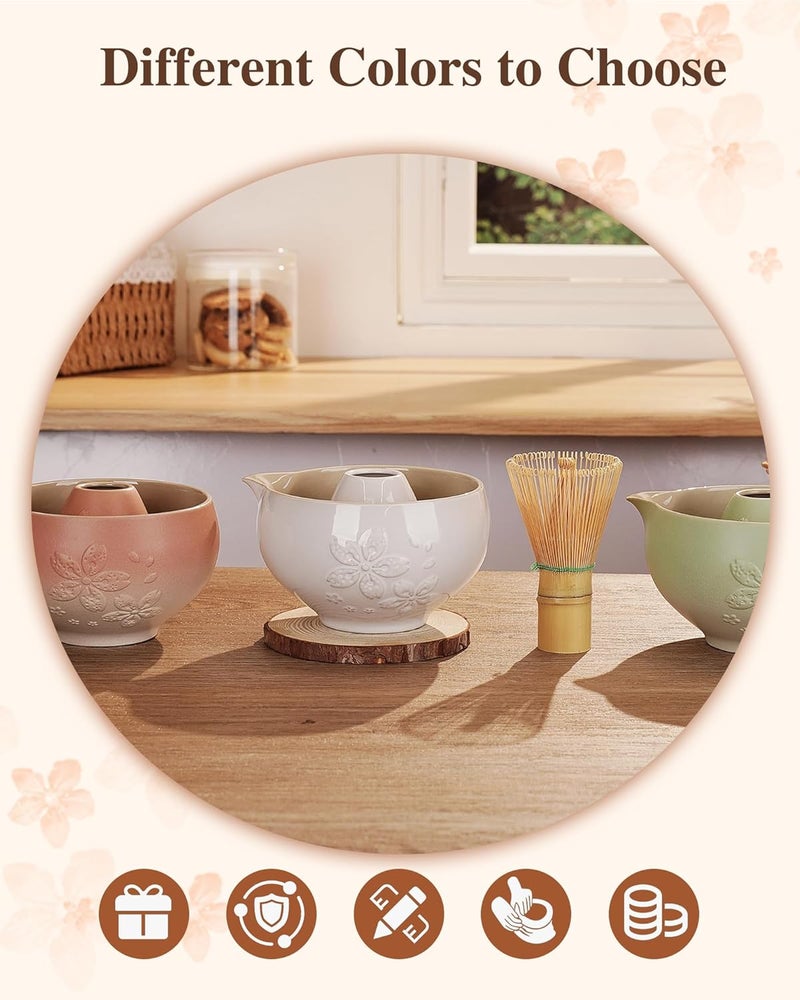 Zens Matcha Whisk Set, Ceramic Matcha Set Includes 15oz Sakura Bowl, Bamboo Whisk & Chasen Holder, Scoop & Sifter-Tea Towel, 6pcs Matcha Kit for Matcha Lovers, White - Image 5
